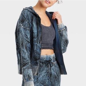 JoyLab Target Blue Zip Up Hoodie Sweatshirt Jacket with Palm Leaf Pattern